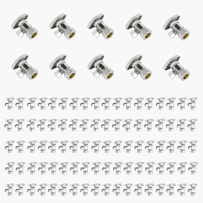 100-Pack GUOFIS Angle Stop Valve with Multi-Turn,1/2-Inch Nominal (5/8" OD) Compression x 3/8-Inch OD Compression Water Shut-off Valves(LF Brass Chrome Plate)(VALVE362-100Pack)