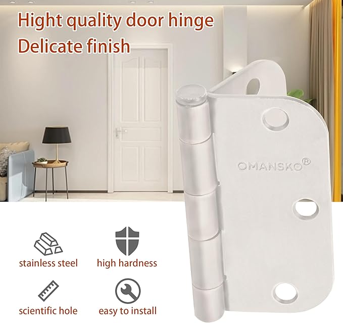 30 Pack Door Hinges, 3.5 x 3.5 Inch White Hinges for Wood 5/8'' Radius Corners Interior Door Hinges, 3 1/2 Inch Hinges for Residential Doors