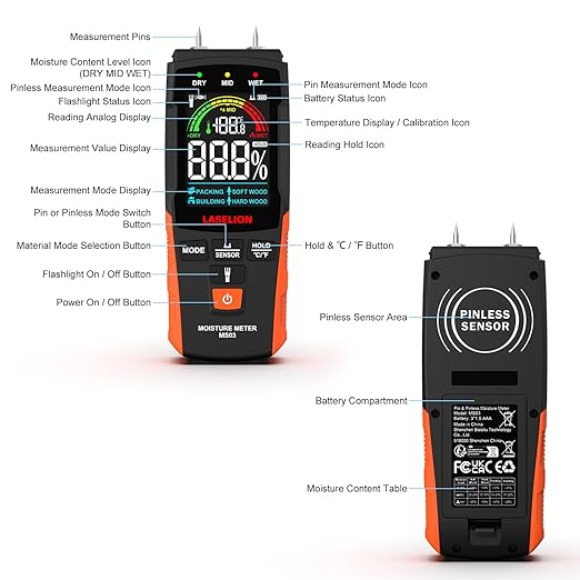 2-in-1 Pin & Pinless Moisture Meter MS03 – Accurate Moisture Detection for Wood, Concrete, Drywall, and More – LCD Display with Hold Function, Flashlight, and Auto Power Off