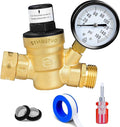 RV Water Pressure Regulator, Brass Lead-Free Adjustable Water Pressure Reducer with Pressure Gauge, includes 2-in-1 Screwdriver, 2 Strainers, Raw Tape for RV Camper and Travel Trailer, Yard.