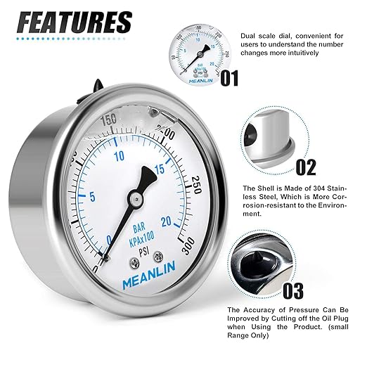 MEANLIN MEASURE 0~300Psi Stainless Steel 1/4" NPT 2.5" FACE DIAL Liquid Filled Pressure Gauge WOG Water Oil Air Back Mount (Pack of 2), with 1/2" NPT and 3/8" NPT Hex Bushing