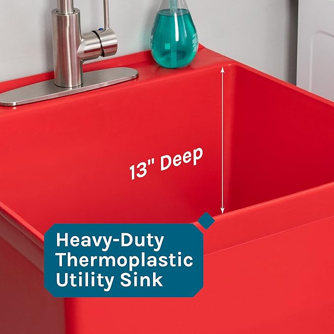 Utility Sink Extra-Deep Red Laundry Tub with High-Arc Stainless Steel Coil Pull-Down Sprayer Faucet, Integrated Supply Lines, P-Trap Kit