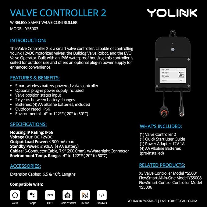 YoLink Valve Controller 2 Kit, 1/2" Brass Motorized Ball Valve, LoRa Long Range, D2D Offline with Leak Sensors, 12V Adapter + AA Backup (Up to 2 Years Battery-Only), Hub Required