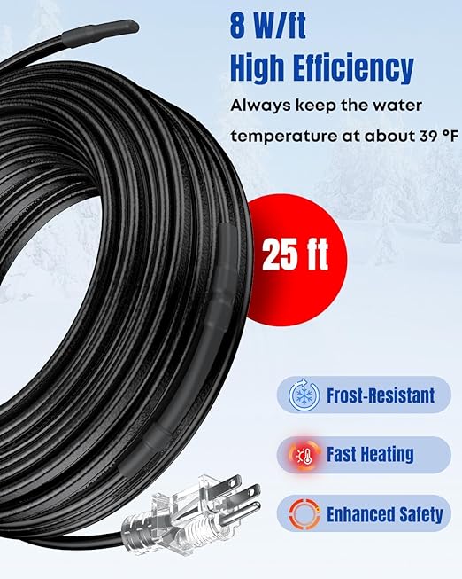 Pawfly 25 ft Heat Tape for Water Pipes, Pipe Heating Cable 8 W/ft 120 V, Self-Regulating Water Line Heat Tape Freeze Protection, Heating Trace for Pipes Roofs, Keep Water Flowing at -40 °F