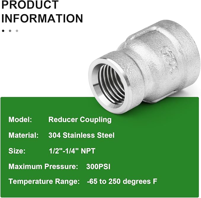 TAISHER 5PCS 304 Stainless Steel Cast Pipe Fitting, Reducer Coupling, 1/2" x 1/4" NPT Female Threaded