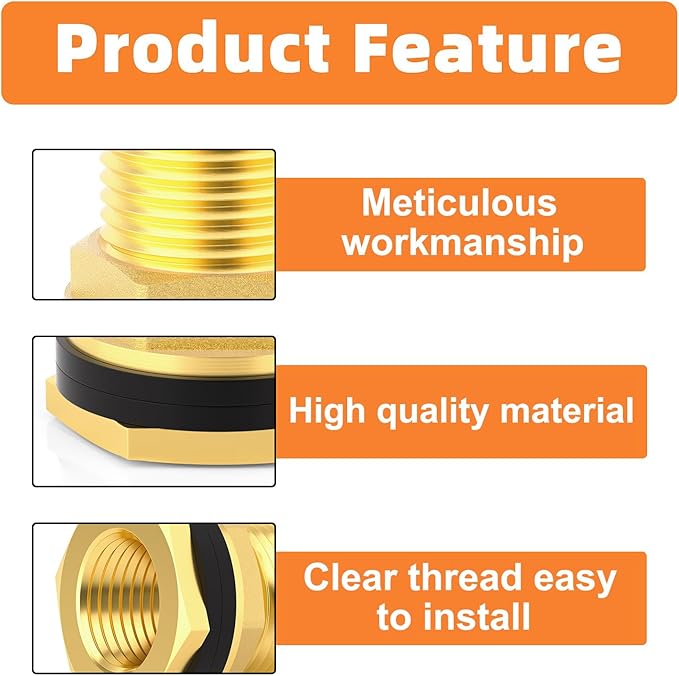 GASHER Brass Garden Hose Bulkhead Fitting With Plug, 1/2" Female NPT, 3/4" Male GHT(garden Hose Thread) Bulkhead Tank Connector Adapter Fitting with Rubber Ring(2 Pack)