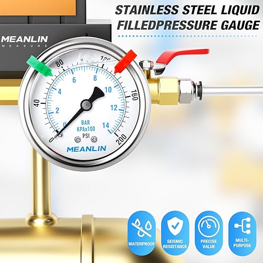 MEANLIN MEASURE 0~200Psi Liquid Filled Pressure Gauge 1/4" NPT 2.5" FACE DIAL Stainless Steel Glycerin Filled WOG Water Oil Air Back Mount (with 2PCS Snaps)