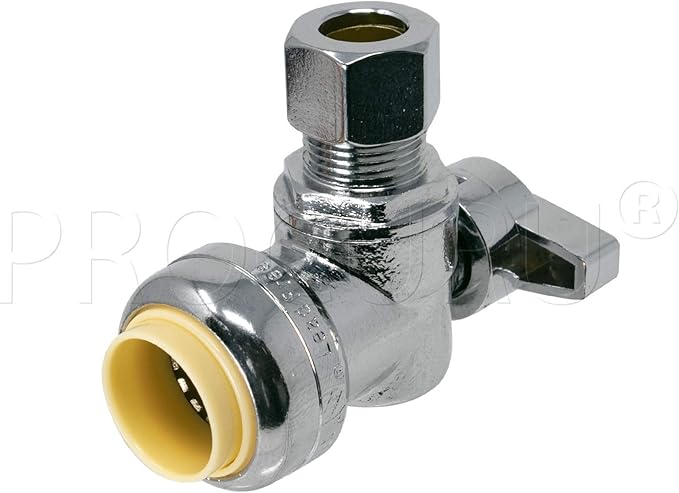 PROCURU 2-Pack PushFit Angle Stop Valve 1/2" Nom x 3/8" OD Comp, Quarter-Turn Push-to-Connect Brass Shutoff Valve for Copper, PEX, CPVC, PE-RT, HDPE Pipes (8X8012-2P)