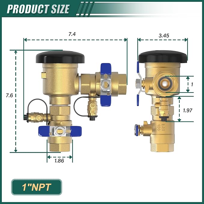 1" Pressure Vacuum Breaker Assembly, with union ball valves, MAX 400PSI Brass Irrigation Backflow Preventer Valve, for, Outdoor Water Line, Lawn Irrigation, SystemGarden Sprinkler