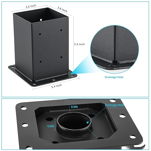 4x4 Post Base 4 Pcs, (Inner Size 3.6x3.6) Post Anchors, 13GA Thick Solid Steel & Black Powder Coated,Deck Post Brackets Support Deck Base Plate Pergola Brackets Fence Kit Mailbox Mount