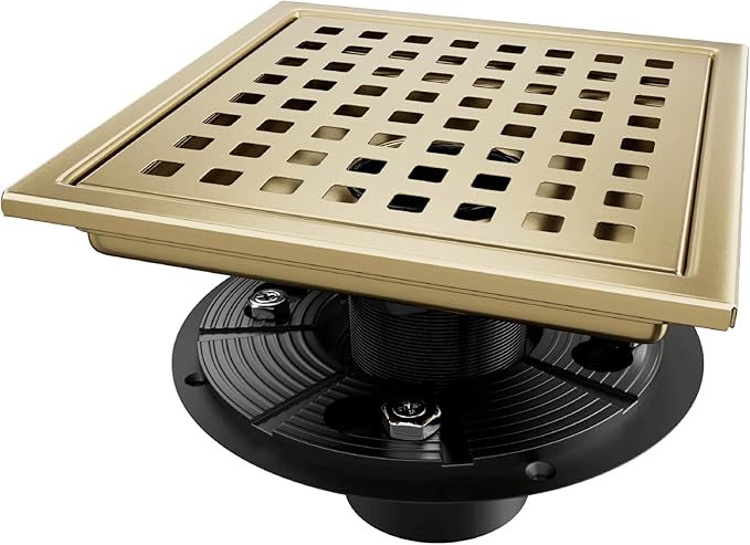 Square Shower Drain, Gold Shower Drain 6 inch with Flange and Removeable Grate Cover, AISI 304 Stainless Steel Gold Shower Floor Drain with Hair Catcher and Flange