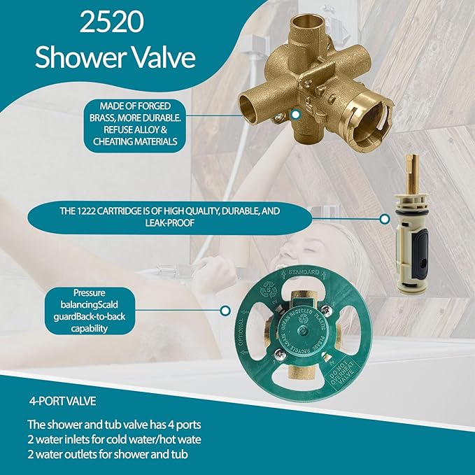 2520 Shower Valve, Brass Pressure Balancing Shower Valves Replacement for Moen 2520-1/2-Inch CC Connection, for Moen Trim Kit, 4-Port Design with 1222 Cartridge Included