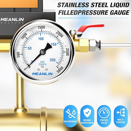 MEANLIN MEASURE 0~3000Psi Stainless Steel 1/4" NPT 2.5" FACE DIAL Liquid Filled Pressure Gauge WOG Water Oil Air Center Back Mount, with 1/4" x 1/2" NPT and 1/4" x 3/8" NPT Hex Bushing