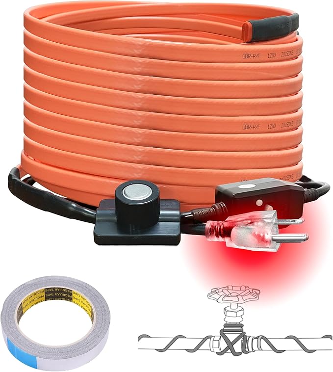 Cupohus Heat Tape for Water Pipes with Thermostat 60FT, Freeze Protection Self-Regulating Heat Trace Cable for Metal, Plastic Home Pipes, Roof and RV, 110-120V