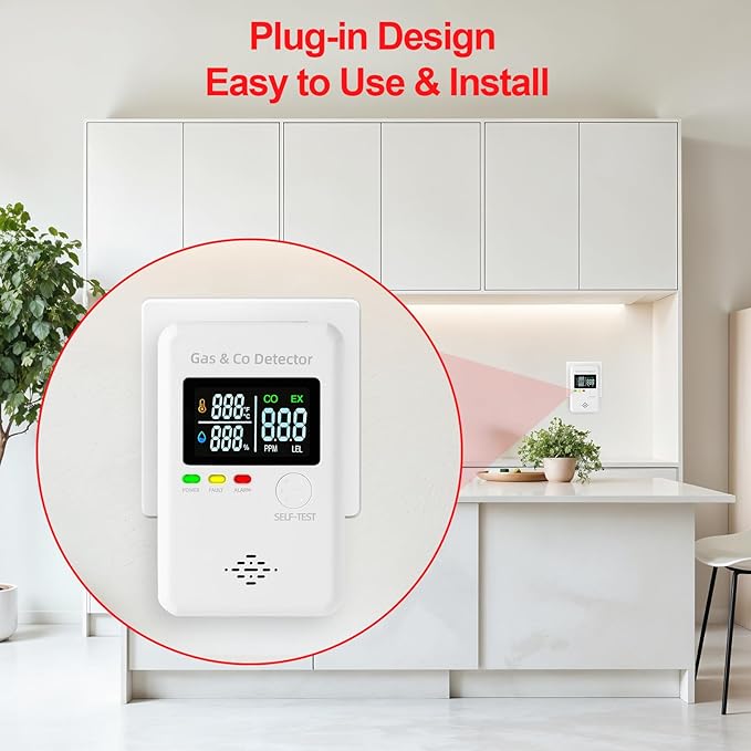 Combination Natural Gas & Carbon Monoxide Detectors,4-in-1 Real-time Display & Monitor,Low-Concentration Detect,Plug in Propane Detector & CO Alarm, for Home,Camping,RV,Apartment