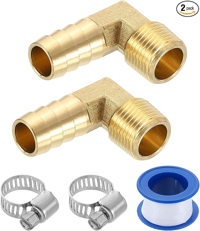 uxcell 2Pcs Brass Hose Barb Fittings, 1/2" x 3/8" NPT 90 Degree Elbow Hose Connector with Hose Clamps for Water Fuel Gas Oil Transportation