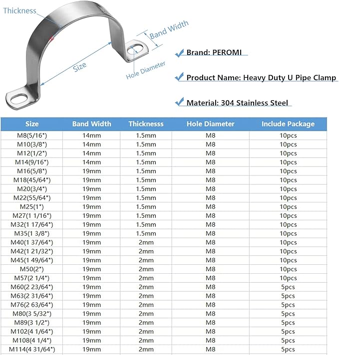 10 PCS 2 Inch Heavy Duty U-Tube Strap Clamp-2 Hole,Stainless Steel-304 Rigid U-Bracket Pipe Strap Clamp Hanger Fastener Tube Tension Clips ID 50mm