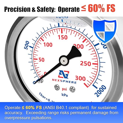 300 PSI Liquid Filled Pressure Gauge, 2.5" Dial, 1/4" NPT Lower Mount, 304 Stainless Steel Case, Glycerin-Filled Manometer for Air Compressor, Oil, Water, HVAC, and Gas Applications