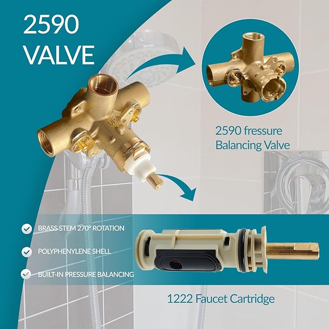 2590 Shower Valve, Shower Valve Replacement for Moen Valve-1/2 Inch IPS Connections, Pressure Balancing Cycling 4 Port Tub and Brass Shower Valves with Stops. Includes 1222 Cartridge