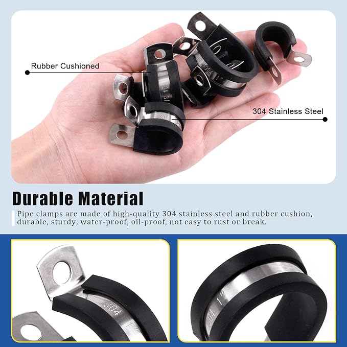 Glarks 26Pcs 5/16'' 304 Stainless Steel Cable Clamps, Rubber Cushioned Insulated Clamps Hose Clamps Loop Clamps Pipe Clamps Metal Clamps Set for Tube, Pipe or Wire Cord Installation