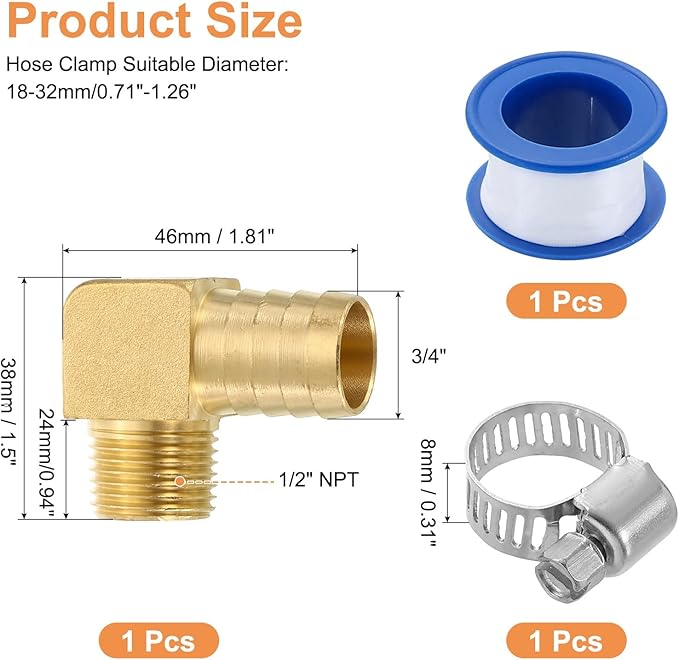 uxcell Brass Hose Barb Fitting, 3/4" x 1/2" NPT 90 Degree Elbow Hose Connector with Hose Clamps for Water Fuel Gas Oil Transportation