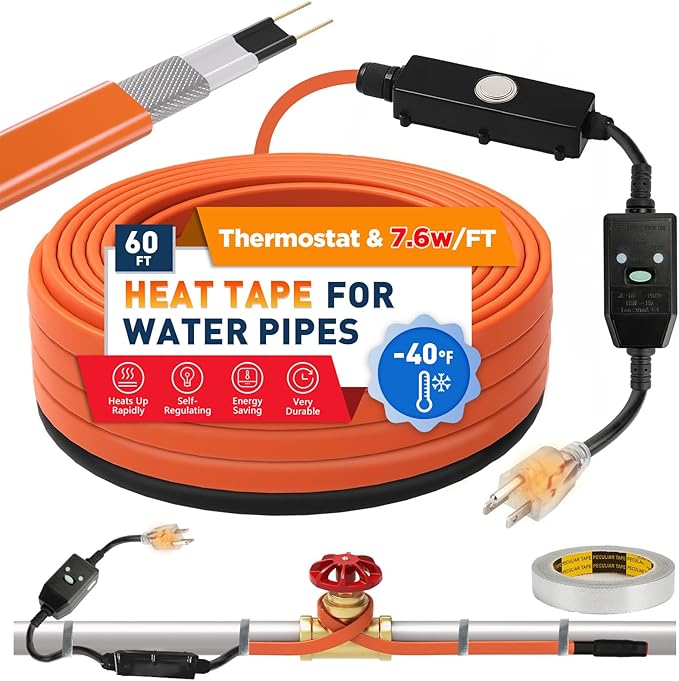 3~100FT Heat Tape for Water Pipes, UL & ETL Certified 60 FT Self-Regulating Pipe Heating Cable with Thermostat for Pipe Freeze Protection, Waterproof Heat Tape for Metal and Plastic Pipes