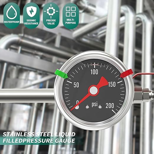 0-200PSI Stainless Steel Glycerin Filled Pressure Gauge 1.5" Black Dial Size, 1/8" NPT Back Mount, for Tube, Water Pump, Gas, Liquid, Pressure Test (with Range Mark Pointer)