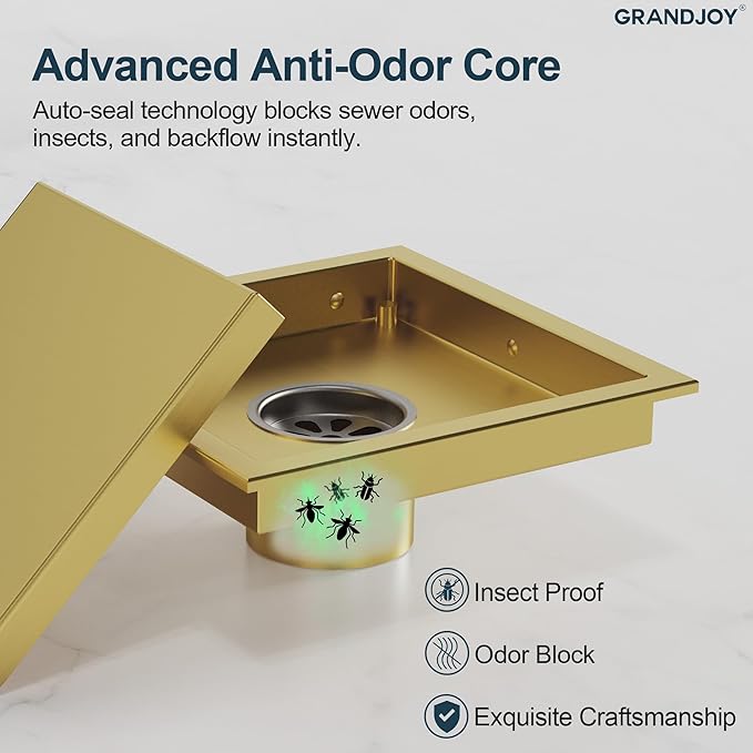 6 Inch Square Shower Floor Drain, Brushed Gold SUS304 Stainless Steel Grid Grate with X-Shaped High Flow Channel, Anti-Clogging Hair Strainer, Standard 2" Outlet