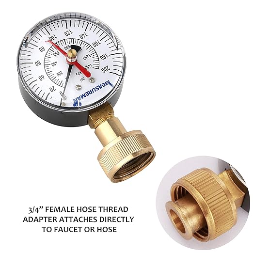 MEASUREMAN 2-1/2" Water Pressure Test Gauge, 3/4" Female Hose Thread, 0-200 psi/kpa with Maximum Pressure Memory