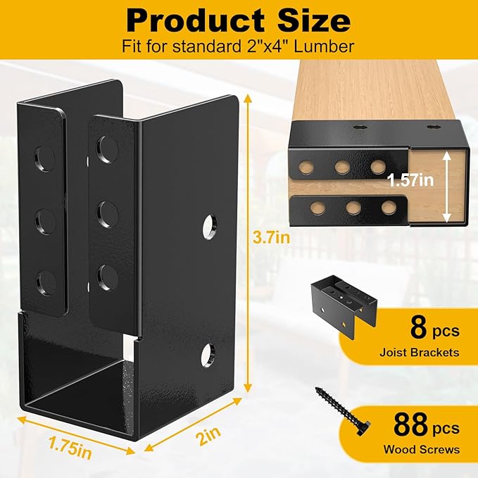 Concealed Joist Hanger , Outdoor Concealed-Flange Joist Bracket with Screws, Q235B Steel Powder Coated Concealed Mount Light Joist Hangers for Beam, Swing, Handrail, Fence (8PCS, 2X4)