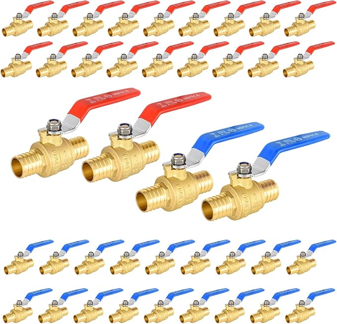 40-Pack Foskan 1" PEX Crimp Ball Valve, Brass Quarter Turn Full Port Shut-off Valve for PEX Tubing(Blue and Red)