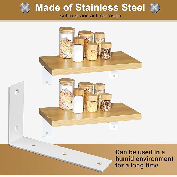 Alise Floating Shelf Brackets Heavy Duty L-Shaped Wall Brackets - White Angle Corner Braces for Shelves, Stainless Steel Reinforced Shelf Support Bracket for Wooden Boards 7x4.2 Inch,Pack of 4