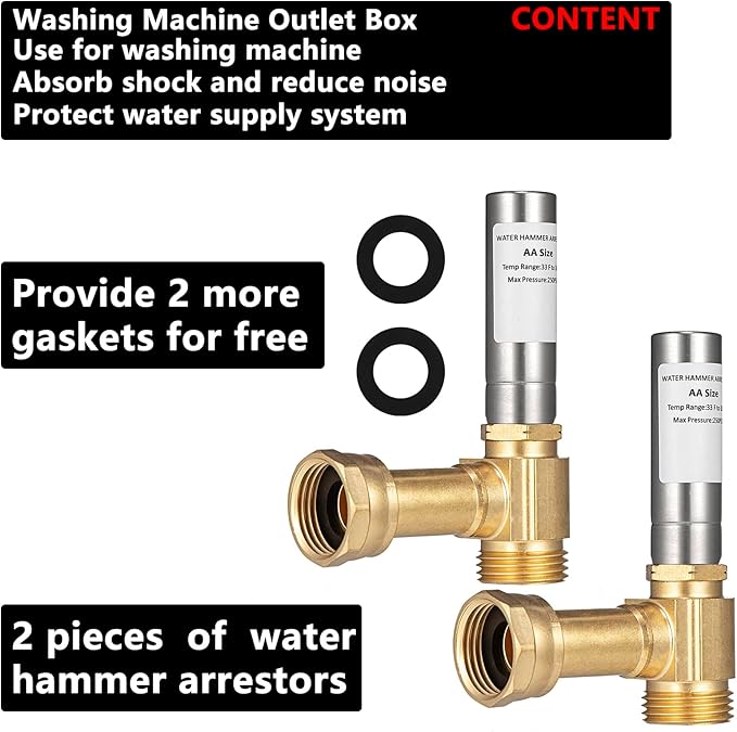 (2 Pack) Lidertik Water Hammer Arrestor for Washing Machine and 3/4 inch Garden Hose, Stainless Steel Chamber and 2 More Washers, Absorb Shock and Reduce Noise LI-XYJSC-BXG-A(2 PCS)