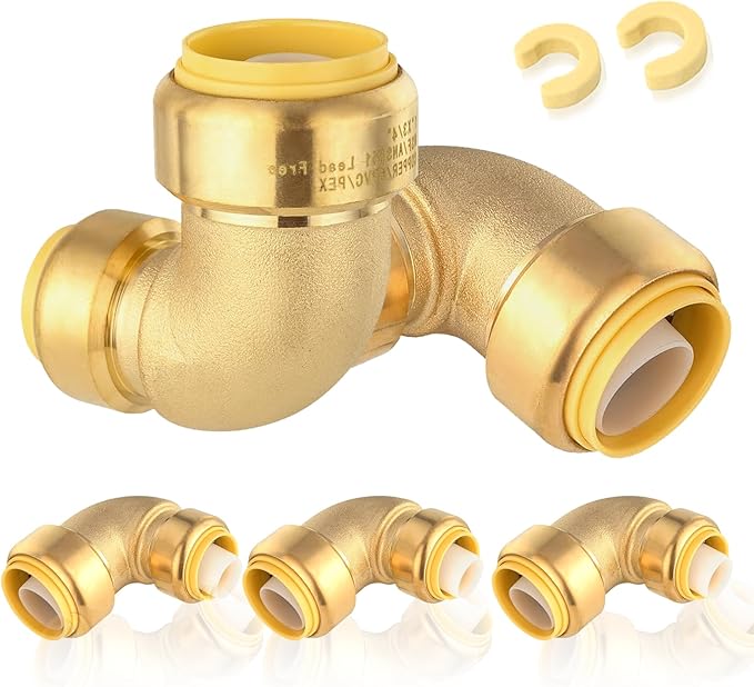5-Pack HeSun Pushfit 90 Degree Elbow, 1"x3/4" Push to Connect Plumbing Fittings with Disconnect Clips, Brass Push-fit Fittings for PEX, Copper, CPVC, PE-RT Pipes(PF146-5)