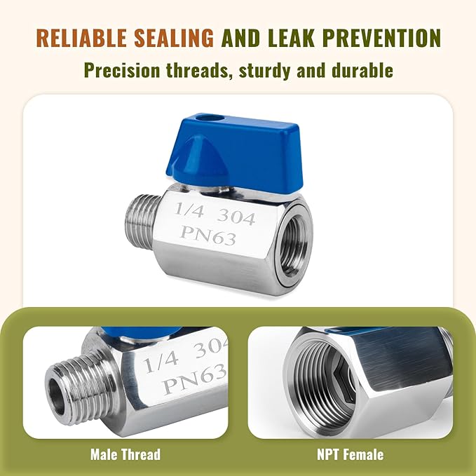 4Pack 1/4" Mini Ball Valve, 304 Stainless Steel Shut-Off Valve NPT Female x Male Thread Small Valves for Compact Space (4, 1/4 Inch)