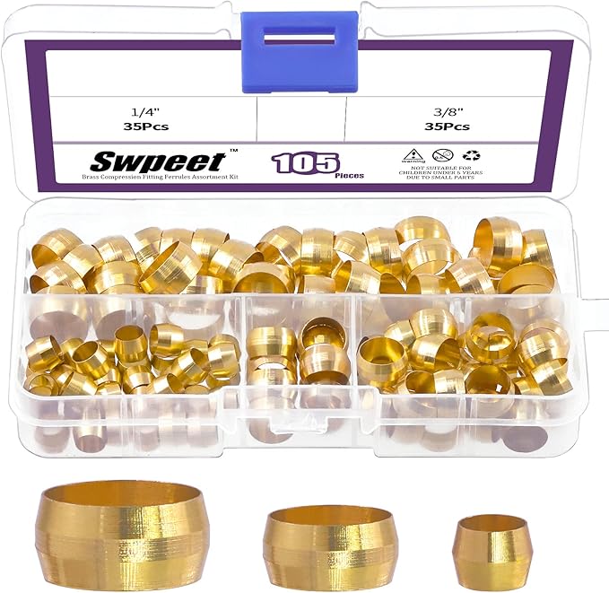 Swpeet 105 Pcs Tube OD 1/4'' 3/8'' 1/2'' Brass Compression Sleeves Ferrules, 3 Sizes Brass Compression Fitting Ferrules Assortment Kit Metal Hardware Tightly Good Sealing