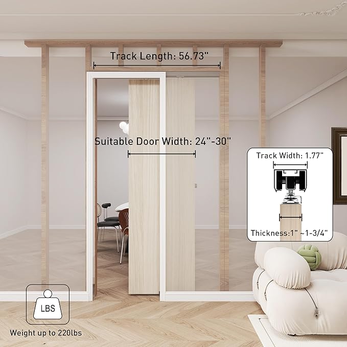 JUBEST 5FT Pocket Door Kit, Commercial Grade Sliding Pocket Door Hardware Kit, Aluminum Box Pocket Door Track 56.75", Sliding Door Kit for 24"~30" Wide Door, Black Pocket Door Hardware,Easy to Install