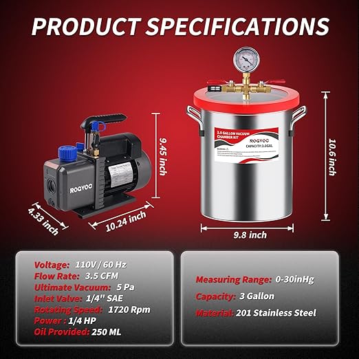 3 Gallon Vacuum Chamber Kit with 3.5 CFM Vacuum Pump, Stainless Steel Degassing Chamber with Acrylic Lid, Hose, for Resin, Silicone, Epoxy and Wood Stabilizing