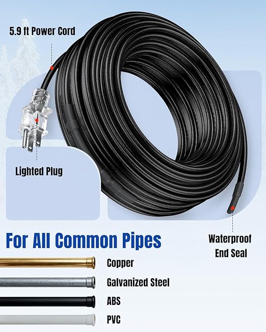 Pawfly 25 ft Heat Tape for Water Pipes, Pipe Heating Cable 8 W/ft 120 V, Self-Regulating Water Line Heat Tape Freeze Protection, Heating Trace for Pipes Roofs, Keep Water Flowing at -40 °F