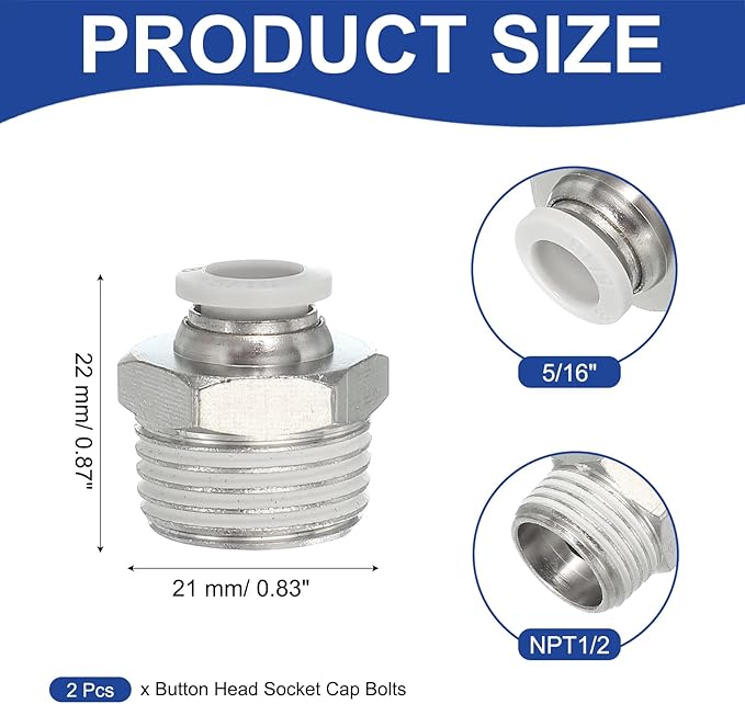 MECCANIXITY 2 Pcs NPT Push to Connect Air Fittings, Male Straight 5/16" Tube OD x 1/2" NPT Thread Air Quick Connector Coupling Adapter for Gas Hose Pneumatic Tools, White