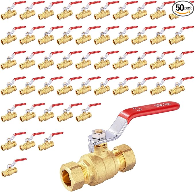 1/2" Ball Valve, 50 Pack Compression Shut Off Valves Red, Quarter Turn Brass Full Port Shut Off Ball Valve for Hot and Cold Water, NSF/ANSI 61 Certified