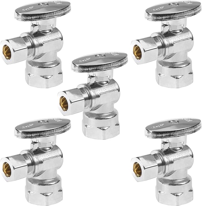 Angle Stop Valve,1/2" FIP Iron Pipe x 3/8" Compression Chrome Angle Shut-off Valve with 1/4 Turn (Pack of 5)(VALVE054-5Pack)