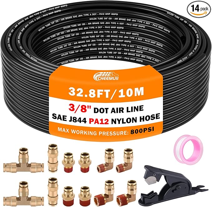 CheeMuii 3/8 Brass DOT Air Fittings With 32.8FT 3/8" DOT Air Line Kit Quick Connect DOT Air Line Fittings and PA12 Pneumatic Tubing for Semi Truck Trailer or Industrial Air System
