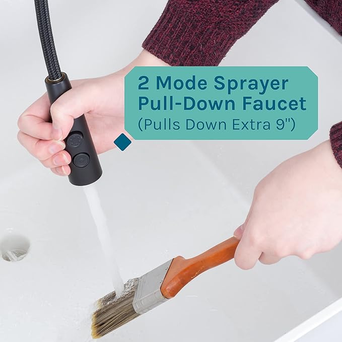Utility Sink Extra-Deep Laundry Tub in White with High-Arc Coil Pull-Down Sprayer Faucet in Matte Black, Integrated Supply Lines, P-Trap Kit, Heavy Duty Floor Mounted Freestanding Wash Station