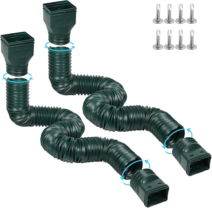 11.5ft Long Gutter Downspout Extensions Flexible, Drain Downspout Extender, Down Spout Drain Extender, Gutter Connector Rainwater Drainage, Extendable from 2.6ft to 11.5ft(2Pack, Green)