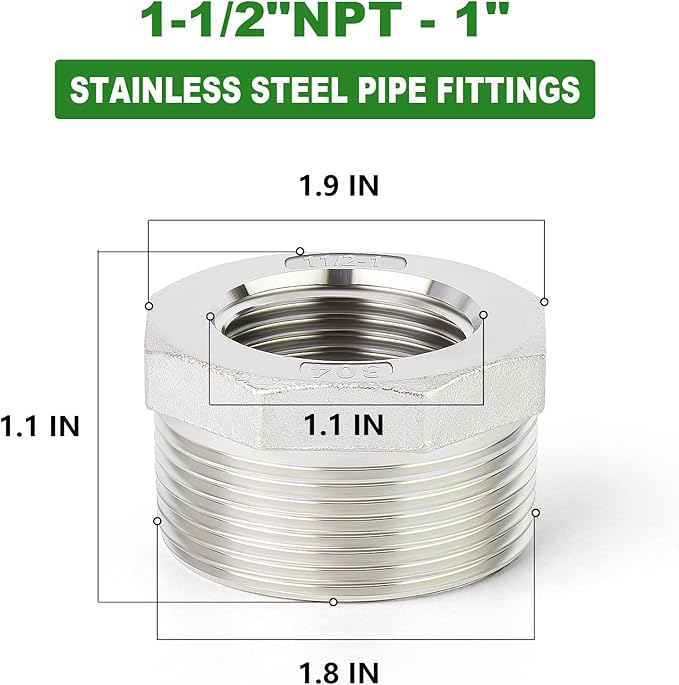 TAISHER 2PCS 304 Stainless Steel Reducer Hex Bushing, 1-1/2" NPT Male x 1" NPT Female, Reducing Pipe Adapter Fitting