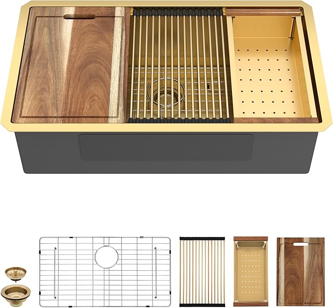 36 Undermount Kitchen Sink Gold - Fulorni 36"x19" Kitchen Sink Brushed Gold NANO-PVD Ledge Workstation 16 Gauge 304 Stainless Steel Under Counter Large Single Bowl Basin