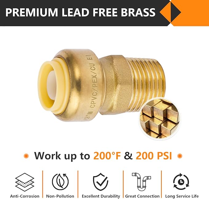 HeSun 100-Pack Pushfit Male Adapter, 1/2" MNPT x 1/2" Push to Connect Plumbing Fittings with Disconnect Clip, Brass Push-fit Fittings for PEX, Copper, CPVC, PE-RT Pipes, PF021-100