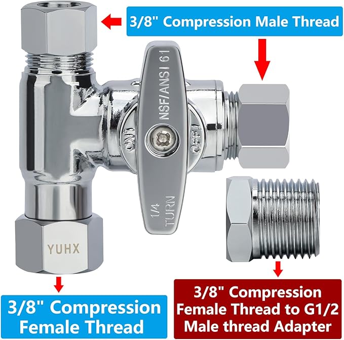 YUHX Brass Angle Stop Add-A-Tee Valve for TOTO Washlet Bidet and Handheld Sprayer, 3/8 Inch Compression Shut Off 3 Way Diverter Connector, 3/8 x3/8"x3/8" or 1/2" Toilet T Adapter