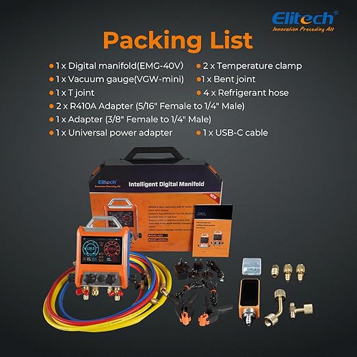 Elitech Digital 4 Valve Manifold Gauge HVAC with Refrigerant Hoses, Vacuum Micron Gauge, Thermometer Clamps, OTA Upgrade, Wireless APP Control